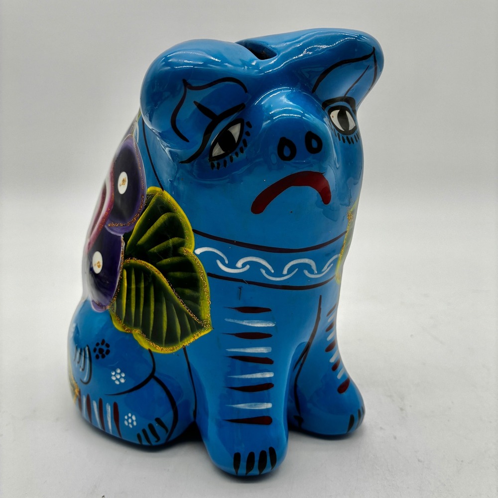 Blue Mexican Folk Art Ceramic Piggy Bank Hand Painted‎ Cancun Floral Pottery